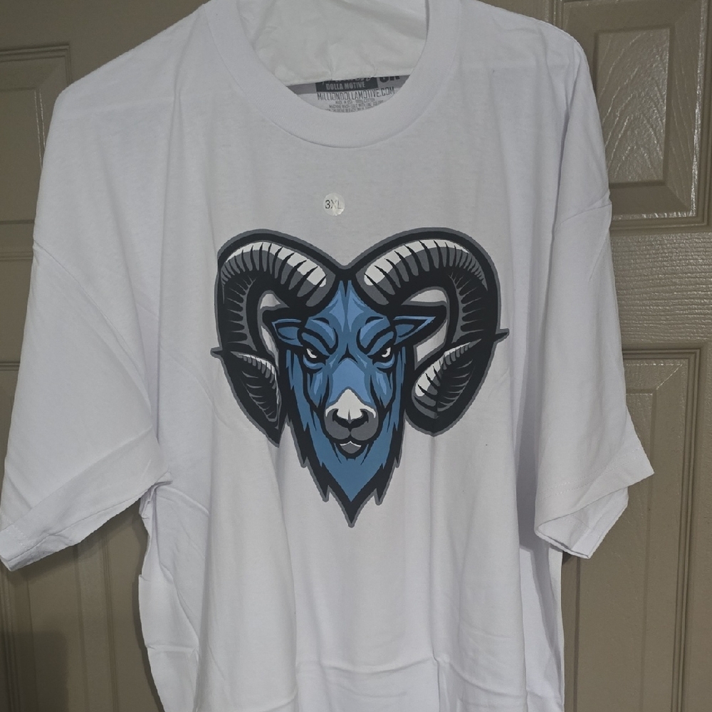 Men's White Tee with Blue Ram Graphic